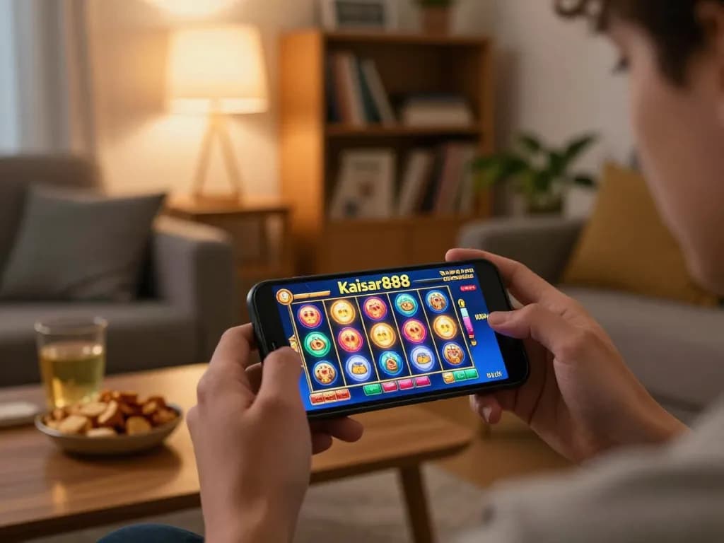 Kaisar888 mobile gaming experience showcasing vibrant slot gameplay in a cozy living room.