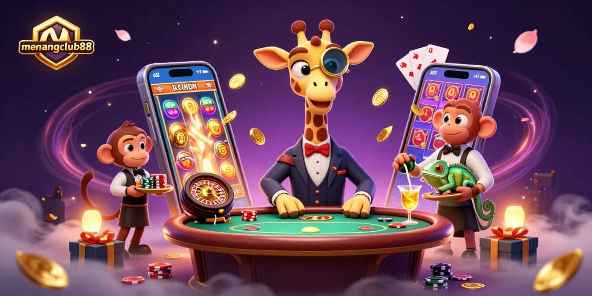 Join the fun at menangclub88 with a high-roller giraffe and gaming elements galore!