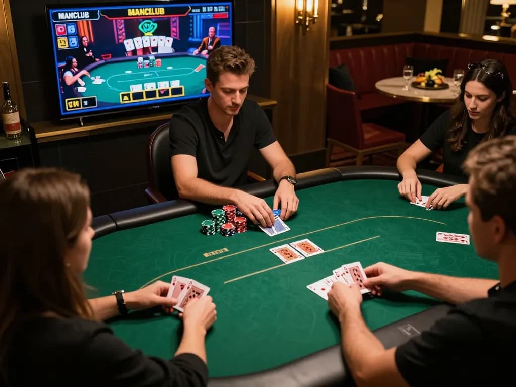 Engaged players at MANCLUB’s poker table strategizing their next moves during a premium online gaming session.