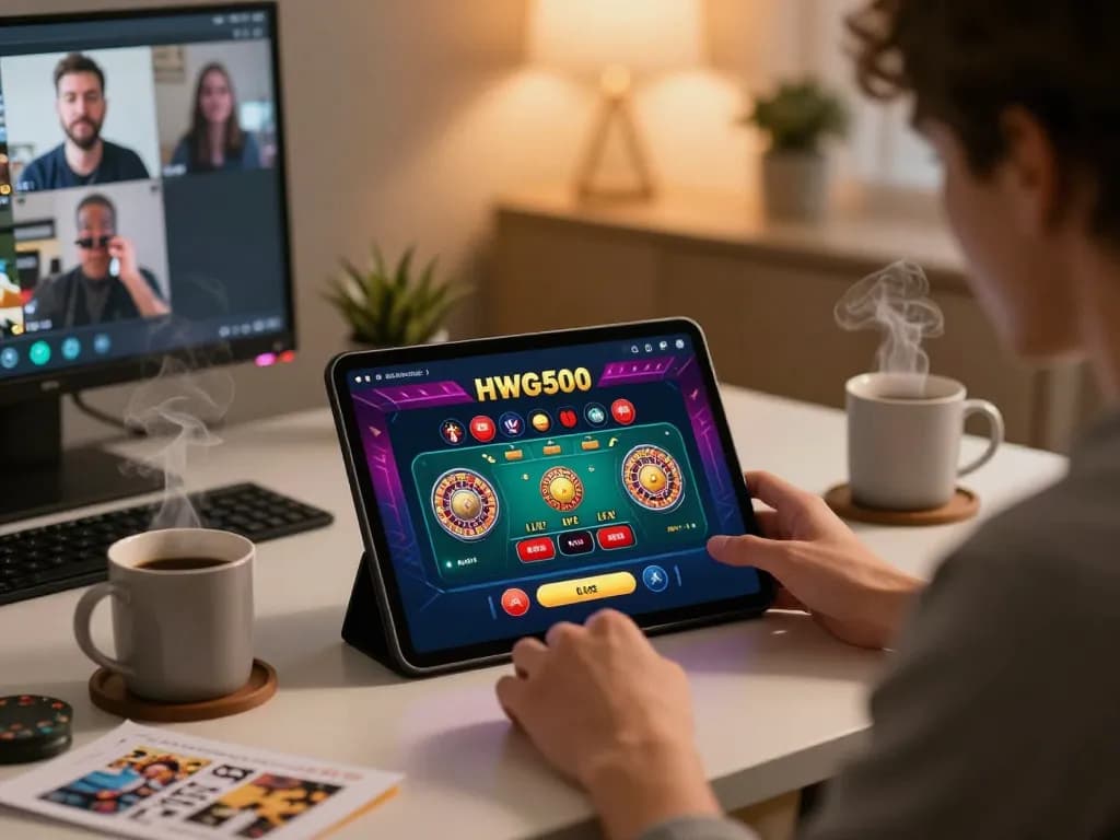 Player engaging with HWG500 live casino on tablet in a stylish home office.
