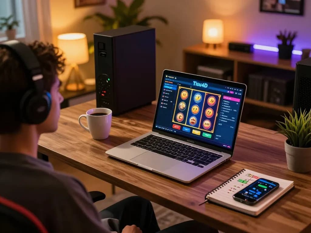 Permainan yang menarik di Tisu4D dengan berbagai permainan slot berwarna-warni ditampilkan di laptop stylish di rumah.