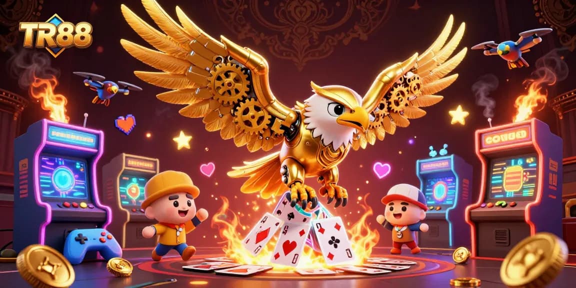 Experience thrilling gameplay at TR 88, featuring a majestic golden eagle soaring through a cascade of cards and casino games.