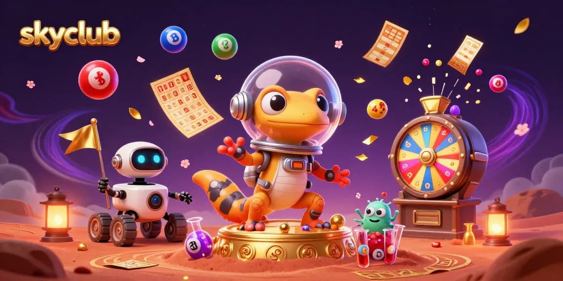 Engage with skyclub's gaming excitement featuring 3D Martian gecko in a vibrant casino illustration.