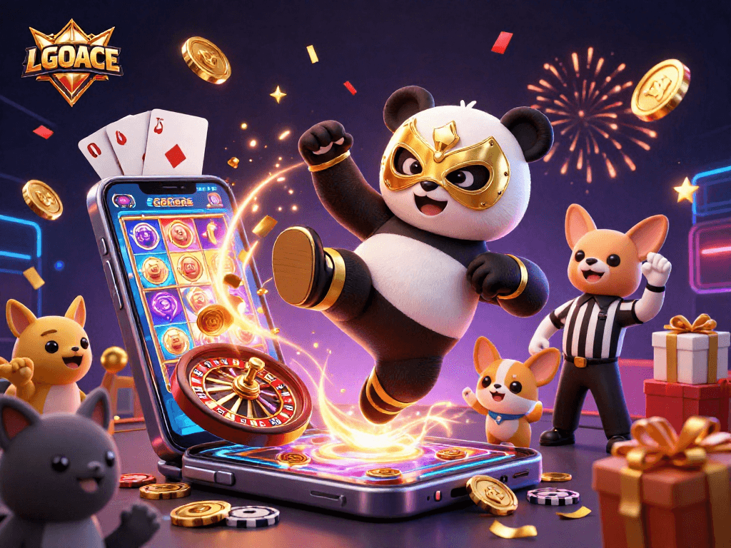 LGOACE offers a vibrant gaming experience with a cartoon panda and animal fans amid dynamic casino elements.