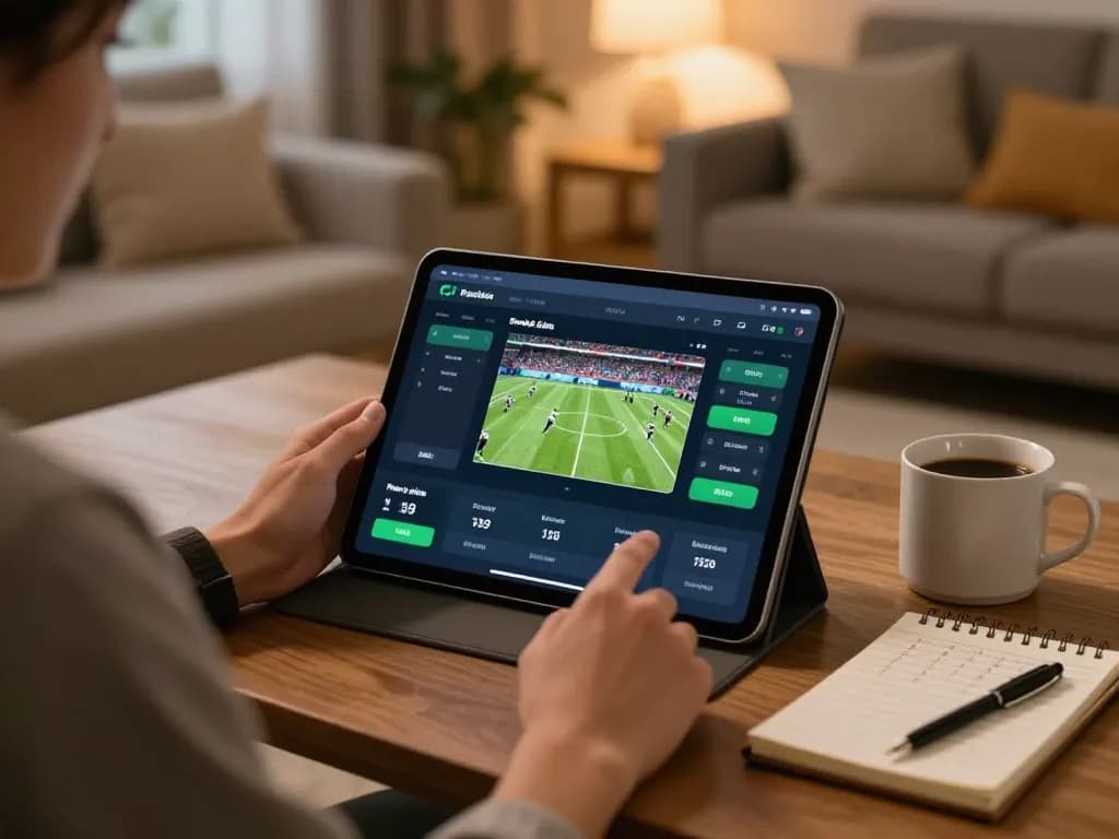 Person analyzing kèo nhà cái on betting app in cozy home setting, reflecting responsible gambling.