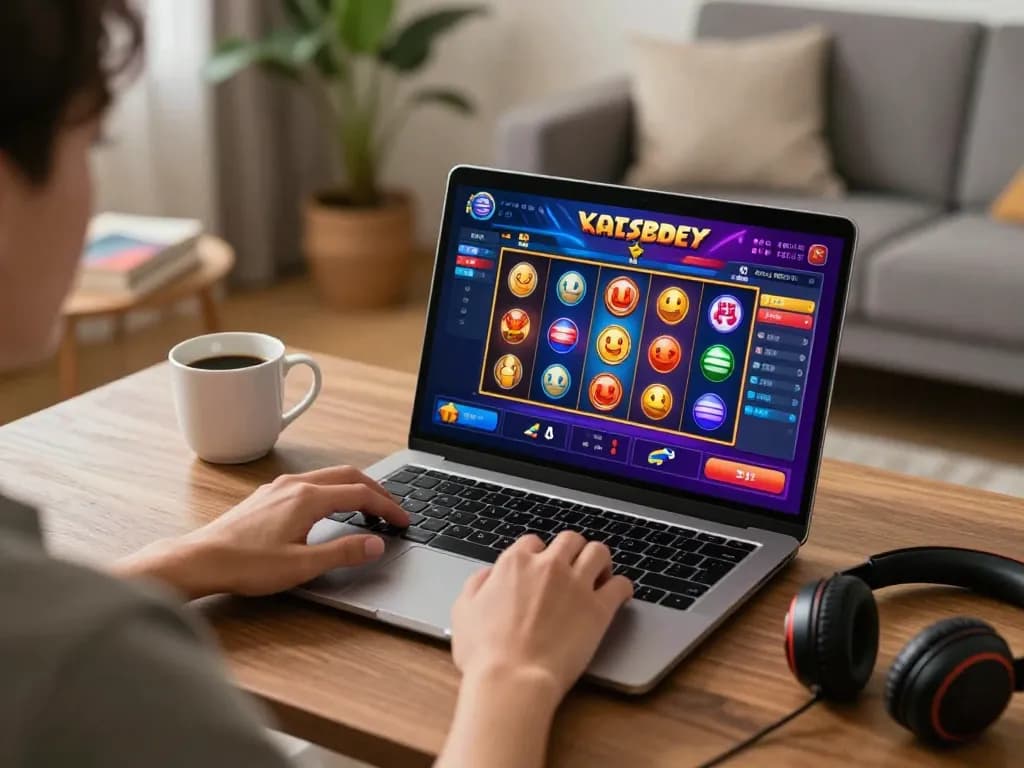 KADAL778 player enjoying online slots on a laptop in a cozy living room.