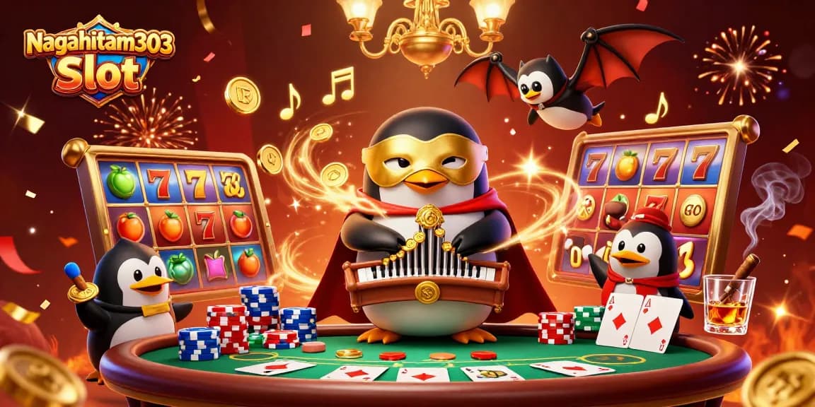 Nagahitam303 Slot features a cartoon penguin playing an organ shooting golden coins with vibrant slots dynamics.