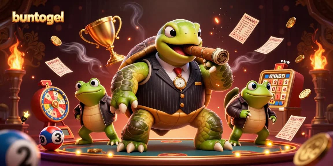 Buntogel brings lottery excitement to life with a vibrant 3D illustration featuring a snapping turtle mobster and two bullfrog enforcers.