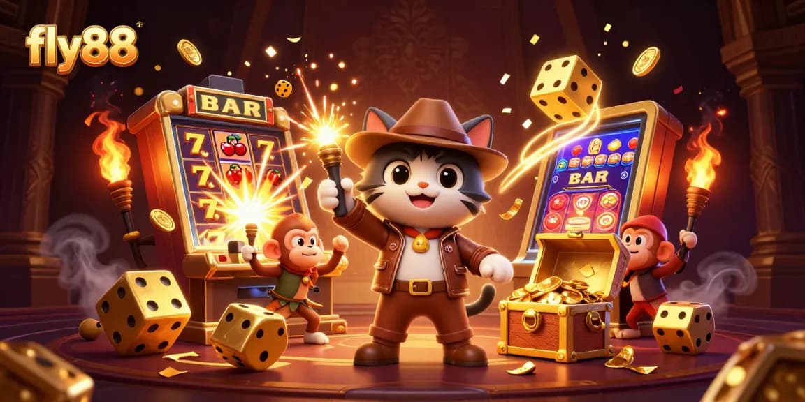 Engage with the exciting adventure at fly88, where a cat archaeologist and monkey uncover golden casino treasures.