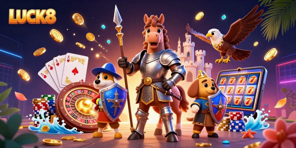 Experience the excitement of LUCK8 with vibrant casino elements and cartoon characters.