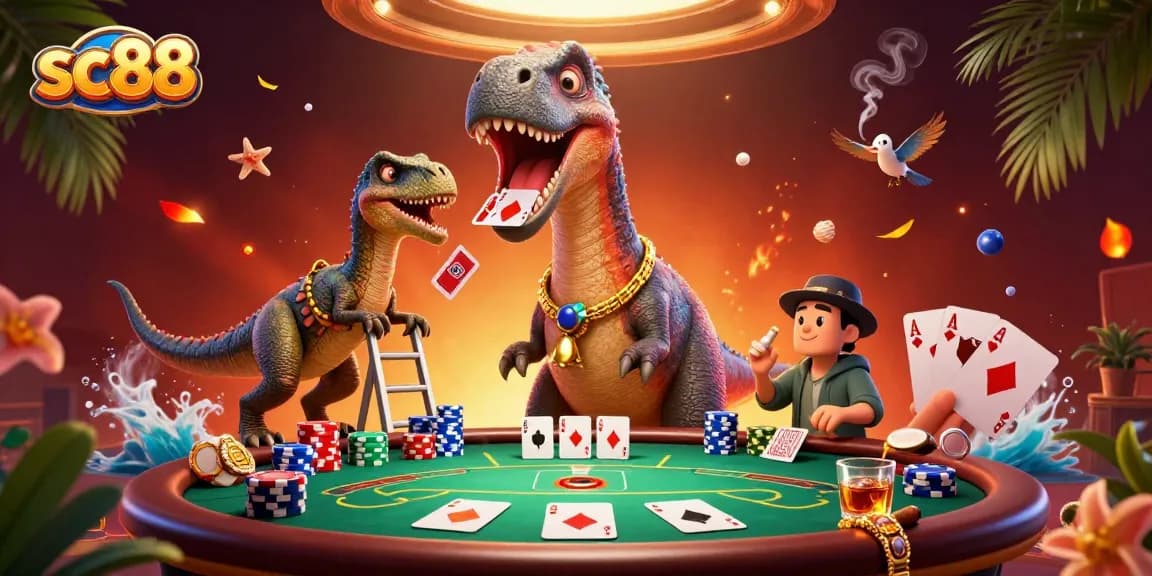 Experience sc88 action with a vibrant 3D casino scene featuring poker dynamics and adventurous characters.
