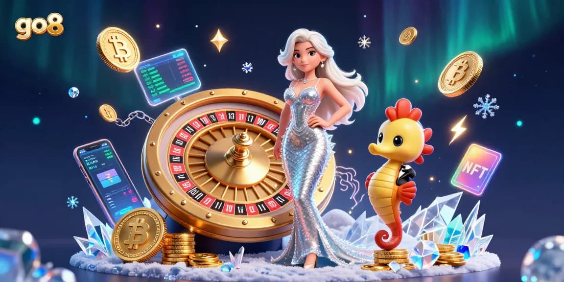 Engage in the exciting world of go8 casino with stunning visuals of a golden roulette and vibrant crypto currency elements.