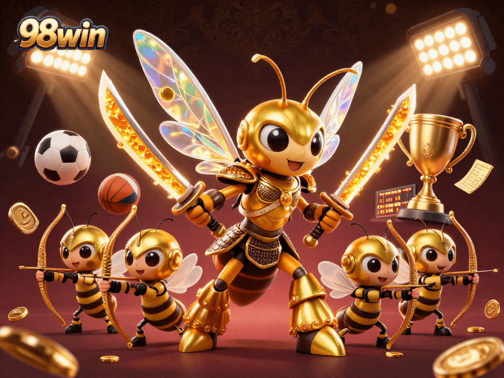 Experience thrilling action and dynamic gameplay with 98win in this vibrant casino illustration.