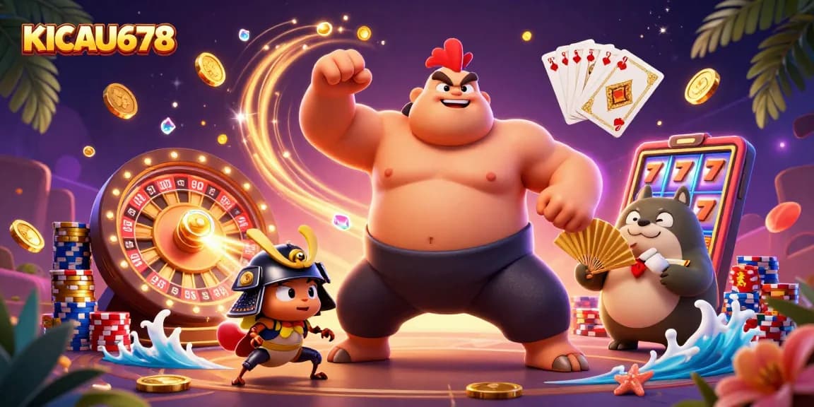 KICAU678 showcases a powerful sumo rooster and fierce samurai cricket in a vibrant casino scene.