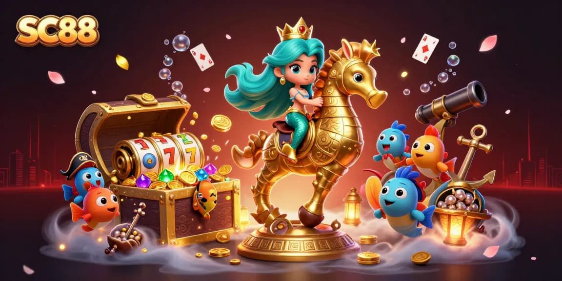 SC88 gaming scene featuring a mermaid princess, slot reels, and dynamic casino elements.