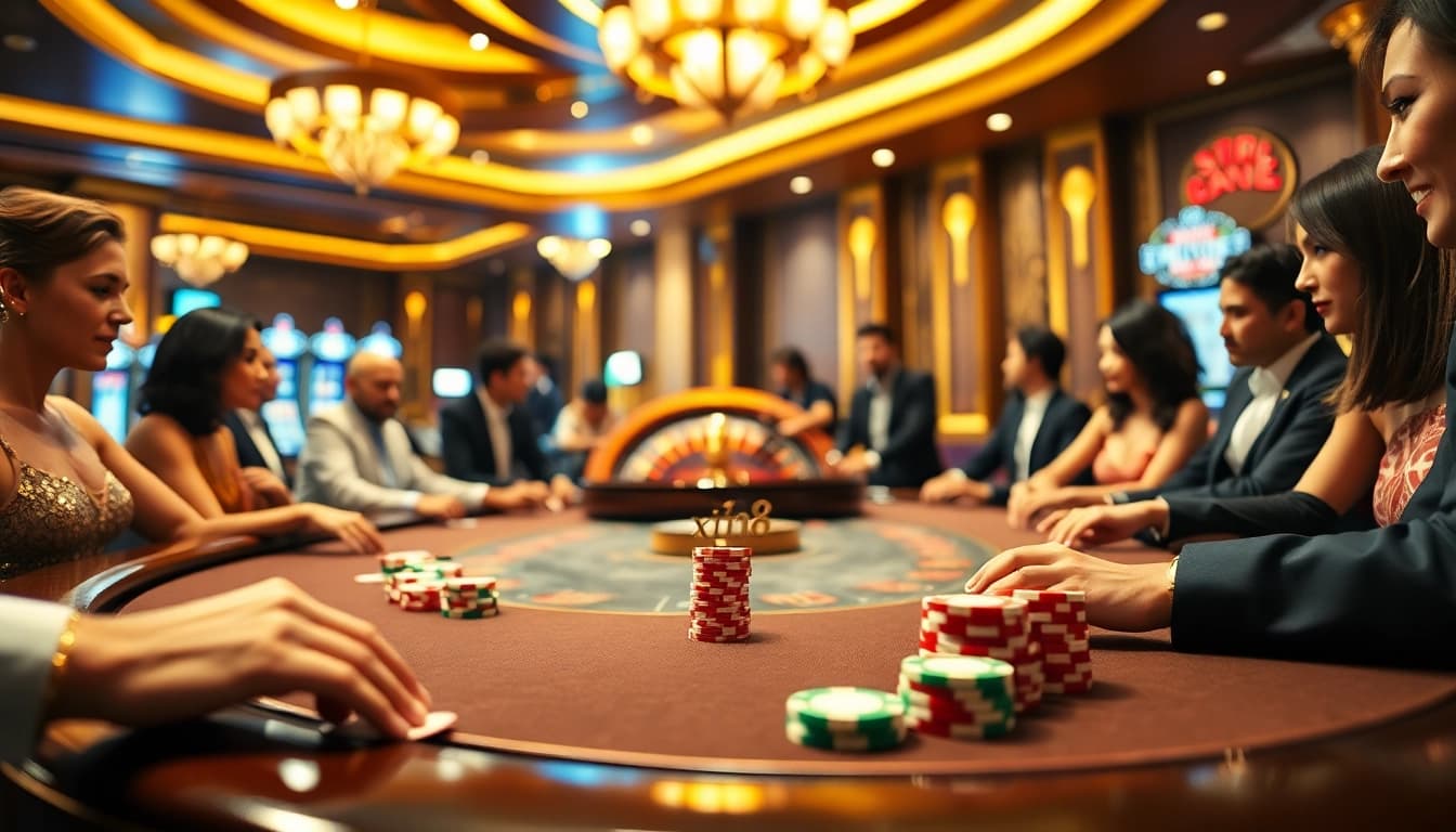 Players engage in a high-stakes poker game at xin88's luxurious casino.