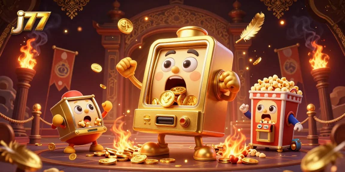 Experience j77's vibrant casino scene with a golden slot machine celebrating its big win.