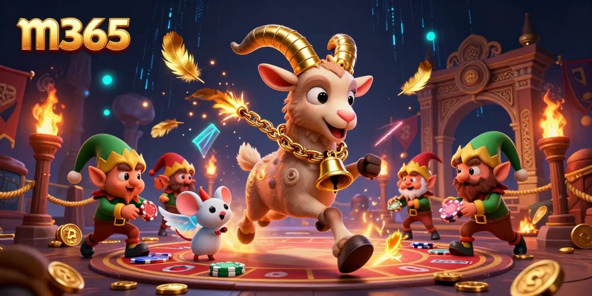 Experience thrilling gameplay at m365 casino with Krampus and festive characters in a vibrant, chaotic scene.