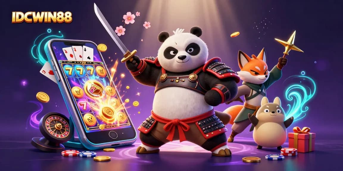 Experience thrilling gaming action at IDCWIN88 with vibrant characters, slots, and dynamic casino elements.