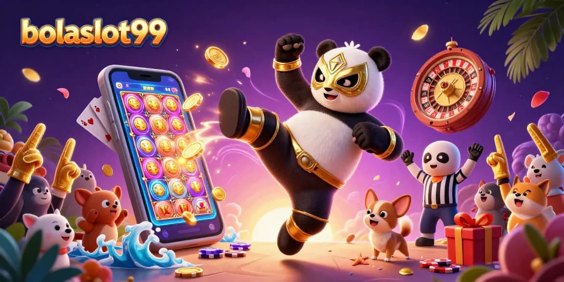 Engage with bolaslot99 as a panda wrestler takes a flying kick in this vibrant casino scene.