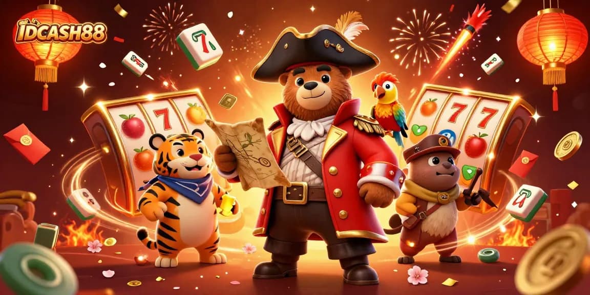 Experience thrilling gameplay at IDCASH88 with a pirate captain bear, tiger, and dazzling slot elements.