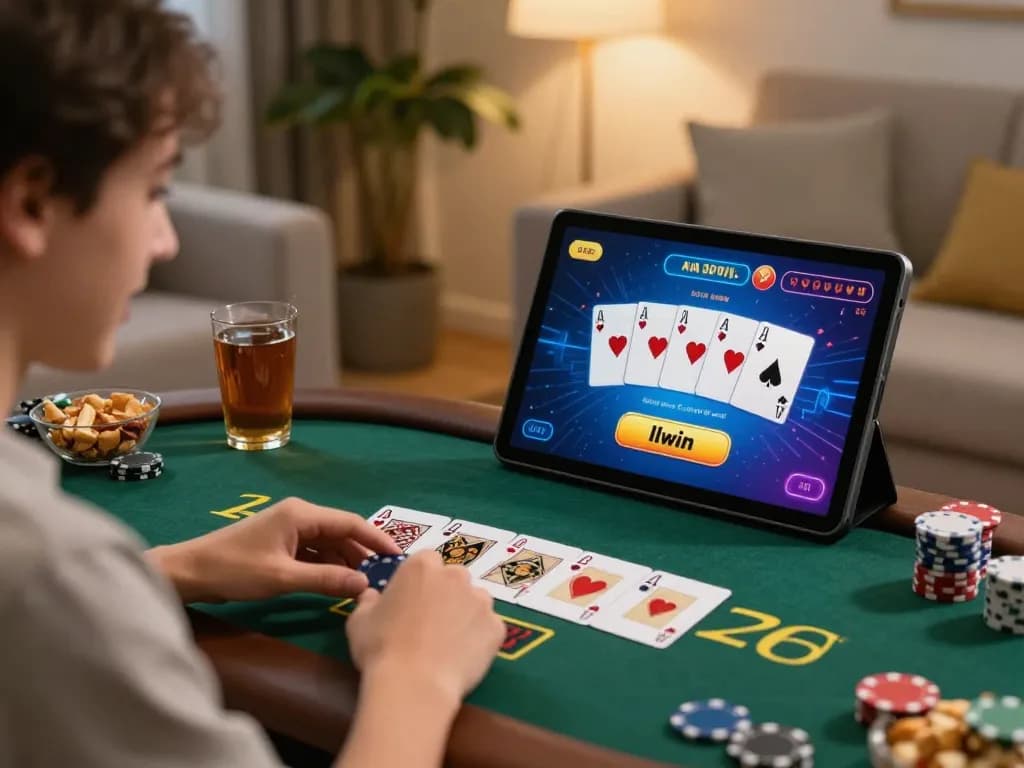 Player enjoying llwin online blackjack game on tablet in cozy living room setup