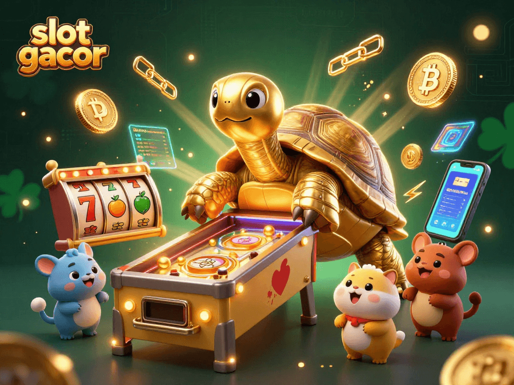 Permainan slot gacor menampilkan kura-kura emas besar sebagai mesin pinball dengan koin cryptocurrency bersinar.
