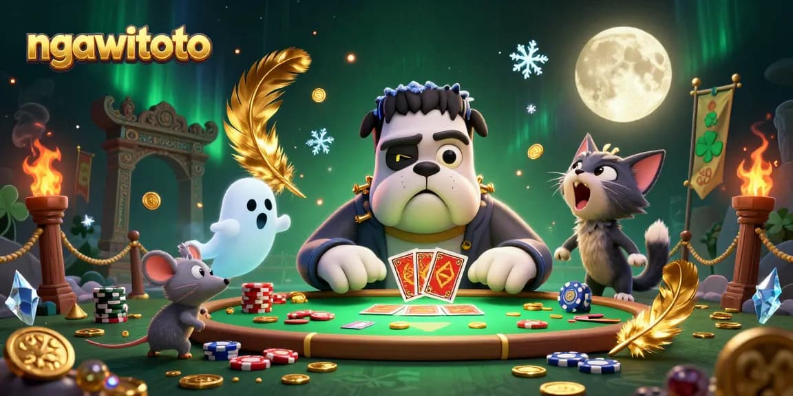 Engage in thrilling table games with ngawitoto as a 3D cartoon bulldog dealer and spooky characters.
