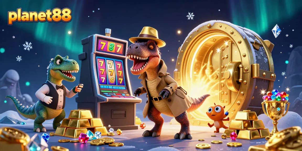 Watch a velociraptor navigate the slots at planet88 and sneak chips with a pickpocket compy.