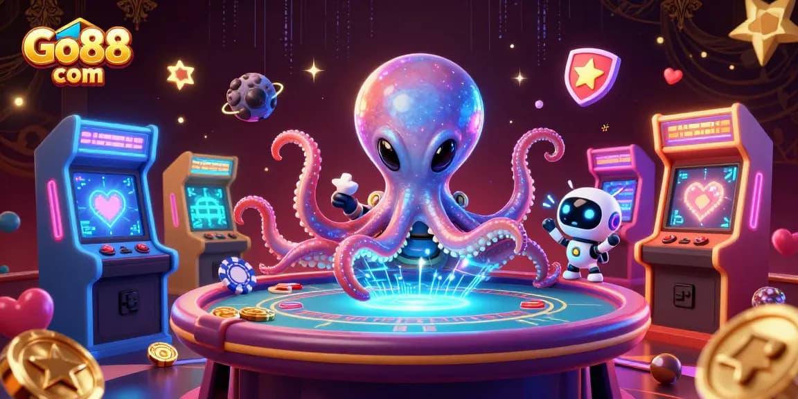 Experience thrilling gaming at Go88 com with a 3D cartoon alien octopus and poker elements.