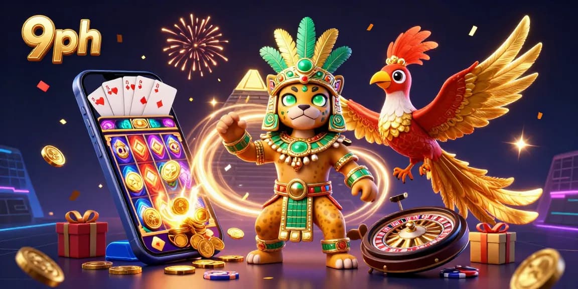 Spin the reels at 9ph with a vibrant Mayan-inspired casino scene filled with winnings.