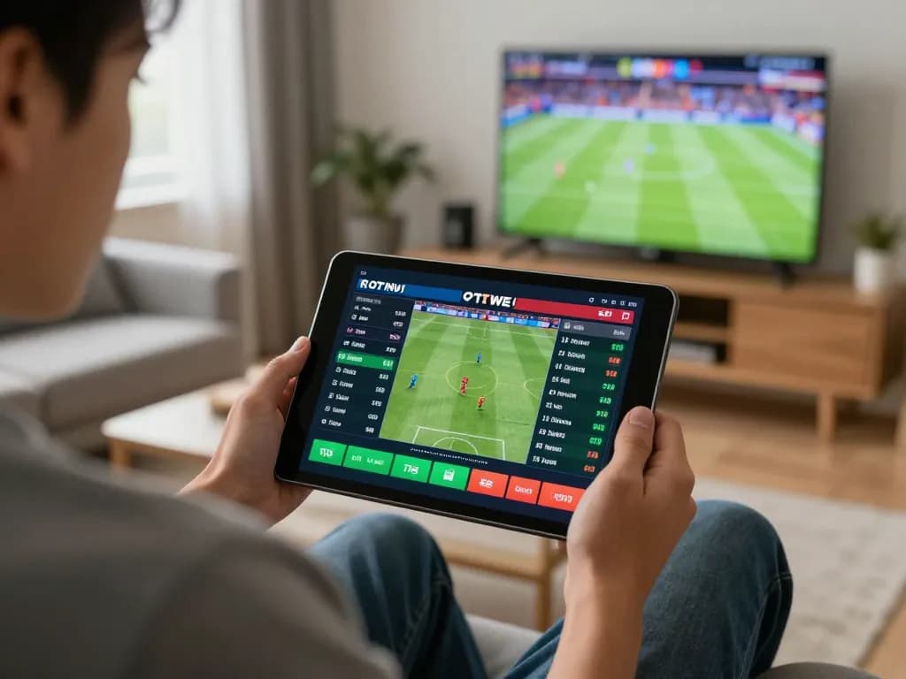 Person using tg88 to place live sports bets on a tablet in a cozy living room.