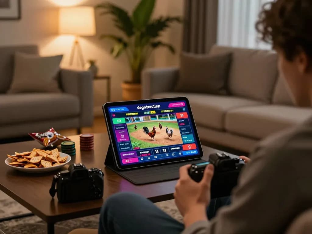 Engaging scene of a player accessing dagatructiep thomo hôm nay on a tablet, enjoying the live cockfight experience.
