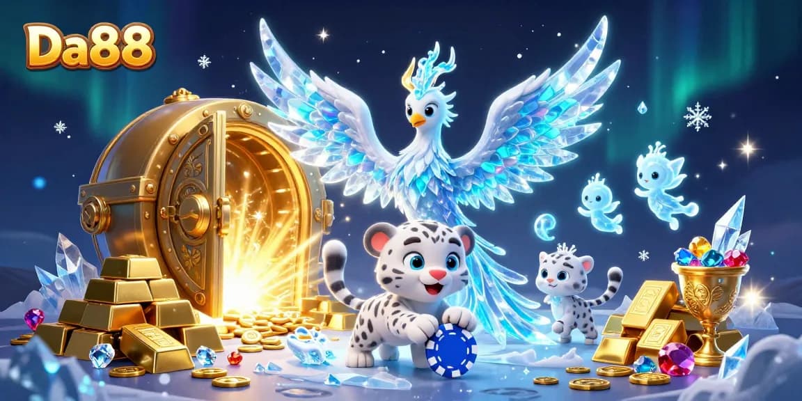 Experience Da88 gaming thrill with an ice phoenix, poker chip, and treasure-filled scene.