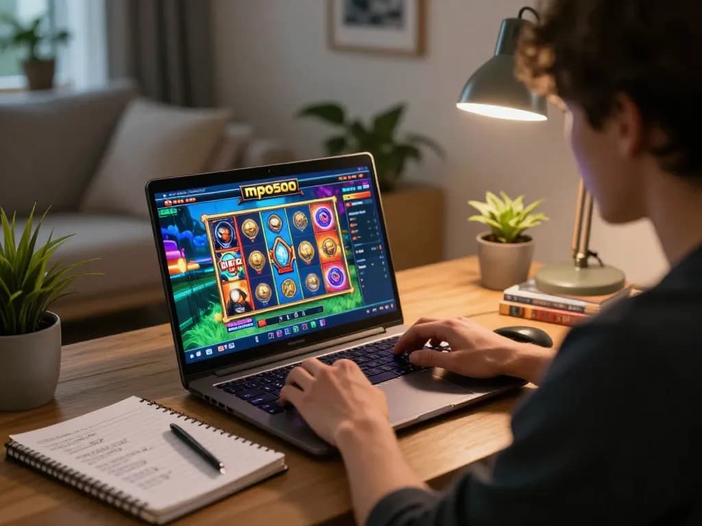 Player enjoying mpo500 online slot games on a laptop, strategic notes in a cozy living room.