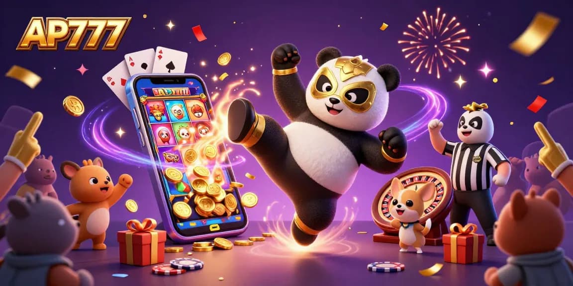 Cheerful animals celebrate AP777's dynamic casino games with a wrestling panda and energetic crowd.