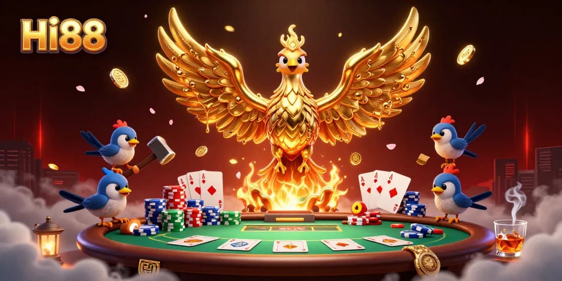 Experience thrilling poker action at HI88 with molten phoenix and golden chips in a dynamic casino scene.
