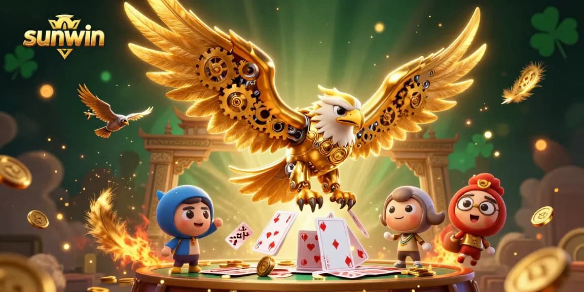 Experience exhilarating gameplay at sunwin with a dynamic scene featuring a golden eagle and electronic cards.