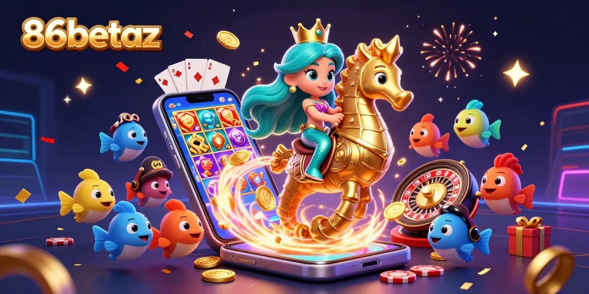 Engage with 86betaz through a vibrant illustration showcasing exciting casino elements, featuring a mermaid princess, golden coins, and slot games.