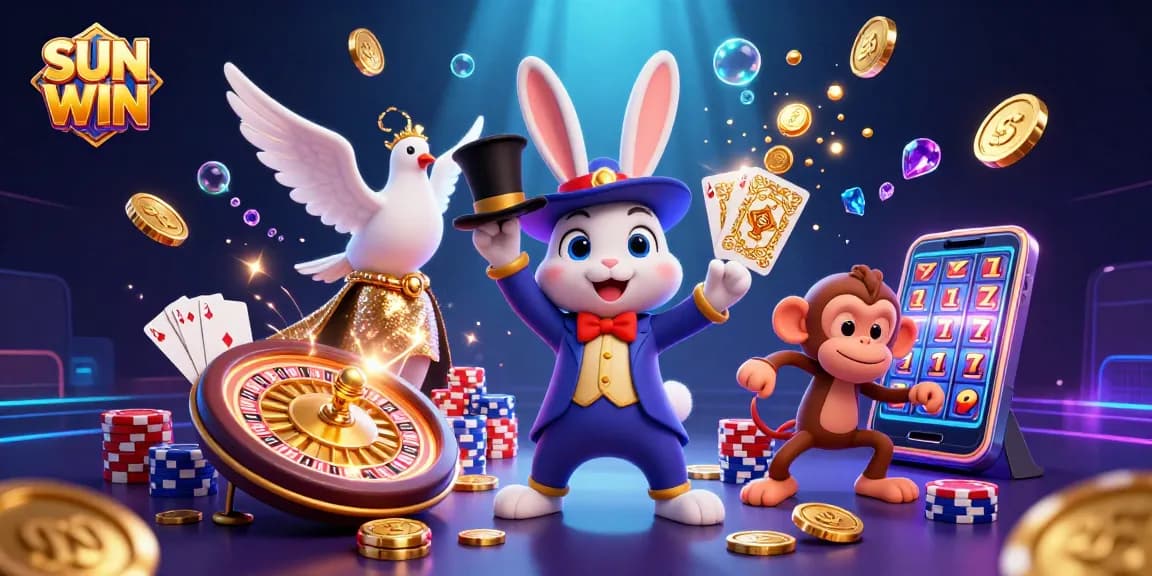 Experience SUN WIN with a vibrant 3D casino scene featuring playful characters among golden coins and poker chips.