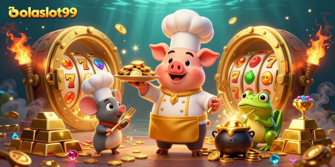 Join the excitement of bolaslot99 as the chef pig serves gold coins in this vibrant casino scene.