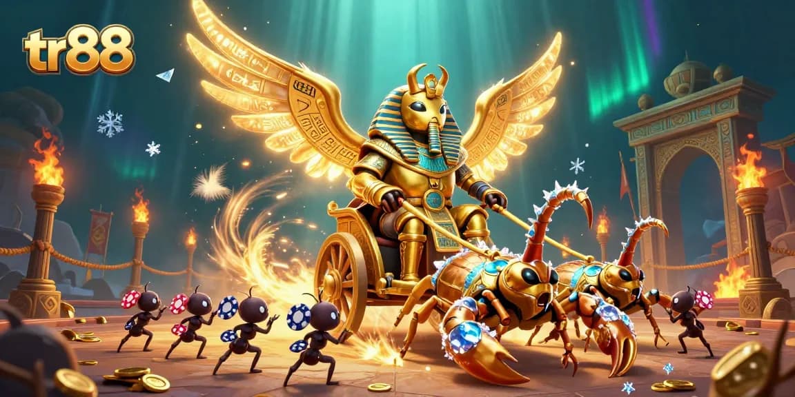 Experience thrilling adventures with tr88 in this vibrant 3D casino scene featuring dynamic chariot racing elements.