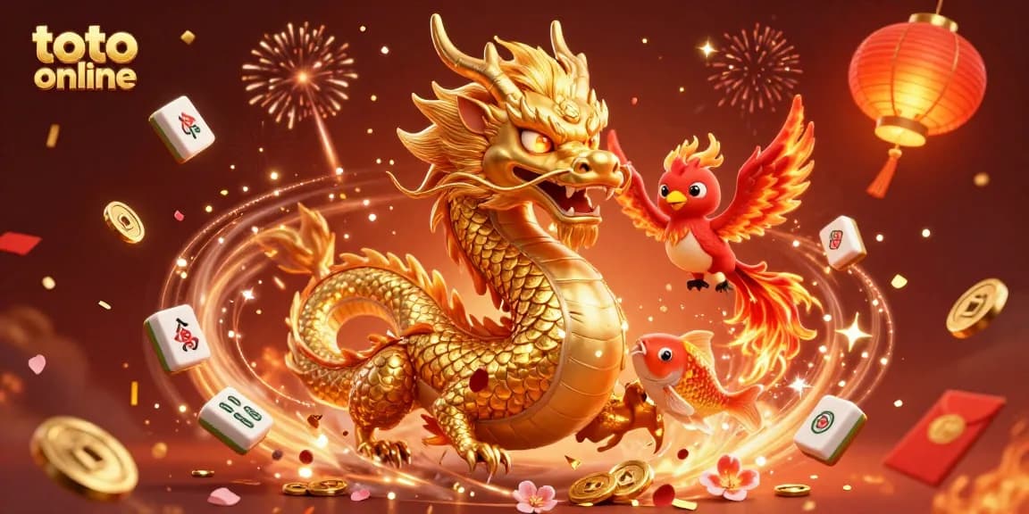Permainan toto online dengan naga berwarna emas dan burung phoenix ceria di tengah koin emas.