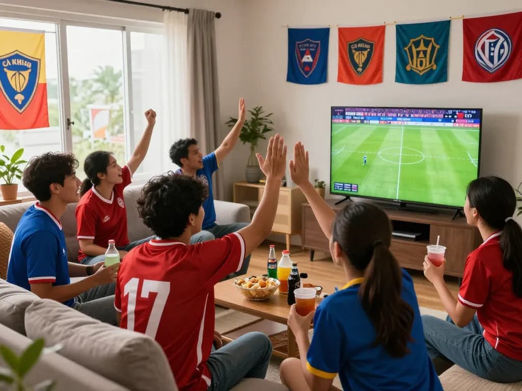 Cà Khịa fans enjoying a lively football match in a colorful living room.