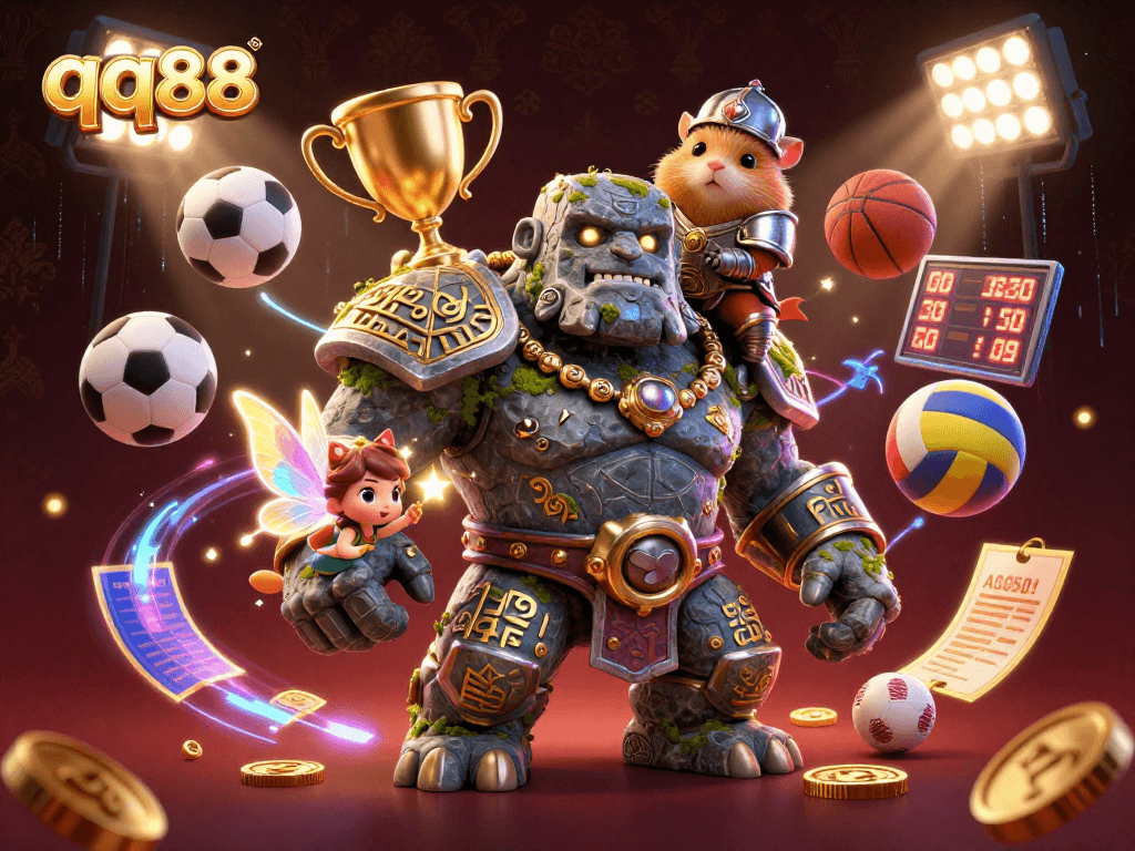 Experience the excitement at qq88 with vibrant characters and thrilling gaming elements in a colorful 3D casino scene.