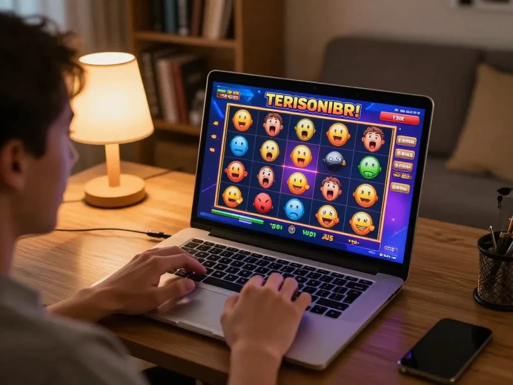 Engaging in slot terbaru online gaming on a laptop, showcased in a cozy, inviting environment