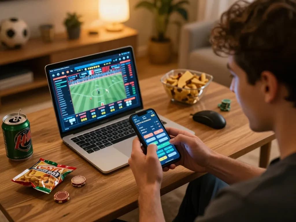 Engaging in sports betting on sc88 from home, smartphone showing live betting options, warm cozy atmosphere