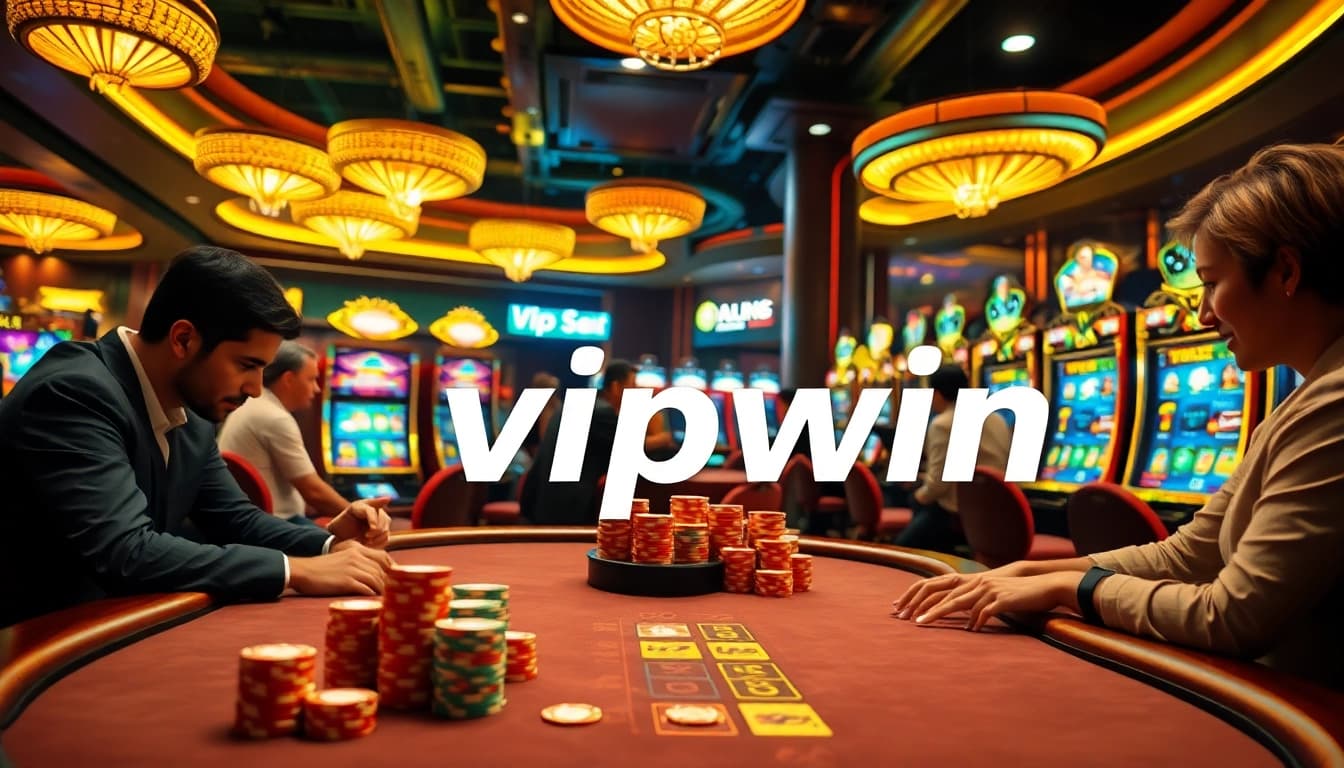 Experience the excitement of vipwin with a luxurious casino scene featuring poker chips and engaging players.