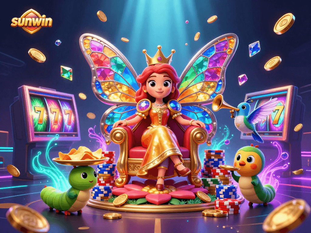 Experience sunwin's vibrant slots with a butterfly queen, cascading coins, and dazzling chips.