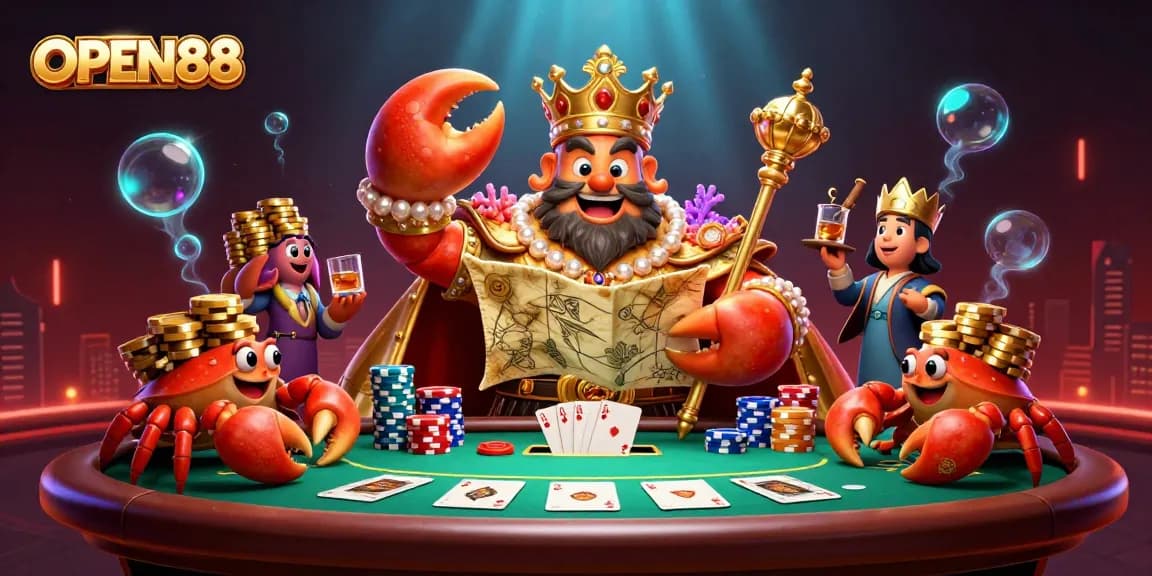 Experience exciting gameplay at OPEN88 with a golden crab emperor leading the casino adventure.